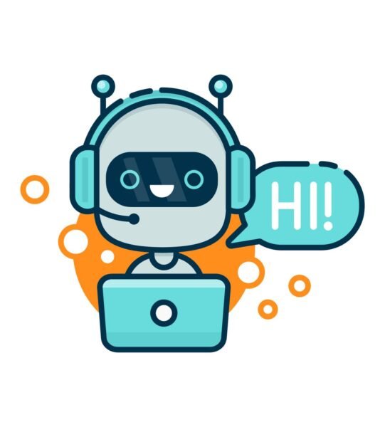 Cute smiling robot, chat bot say hi. Vector modern line outline flat style cartoon character illustration. Isolated on white background.Speak bubble. Voice support, virtual online help support concept